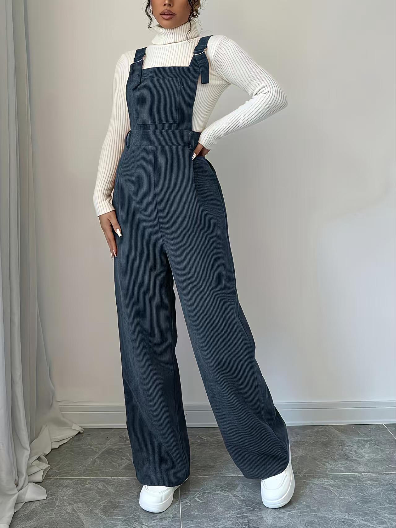 

2026 Women s Corduroy Jumpsuit with Adjustable Straps - Spring/Summer Collection, Wide Leg Design. Navy Blue