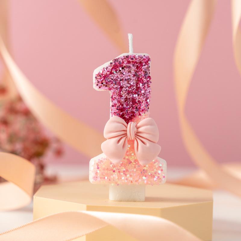 Glitter Pink Bow Number Candle - Color Block Birthday & Anniversary Cake Decor
