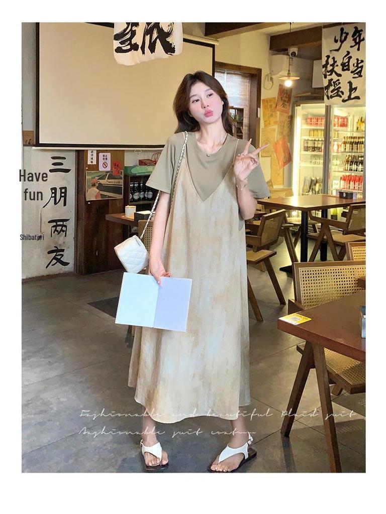 Summer 2025 Women's Gradient Suspender T-Shirt Dress - Age-Reducing, Fake Two-Piece, Medium-Length