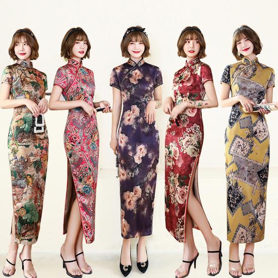 Lady Petticoats Plus Size Women Cheongsam Floral Print Slim Short Sleeve Splits Midi Dress for Party