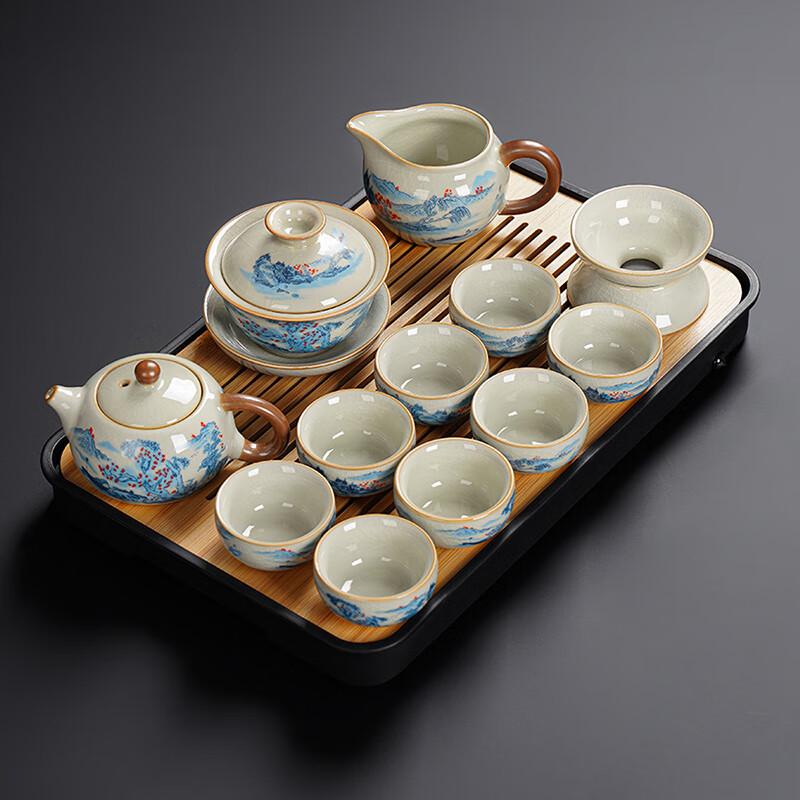 Lainuo Beige Ru Kiln Xishi Teapot 15-Piece Chinese Tea Set with Tray