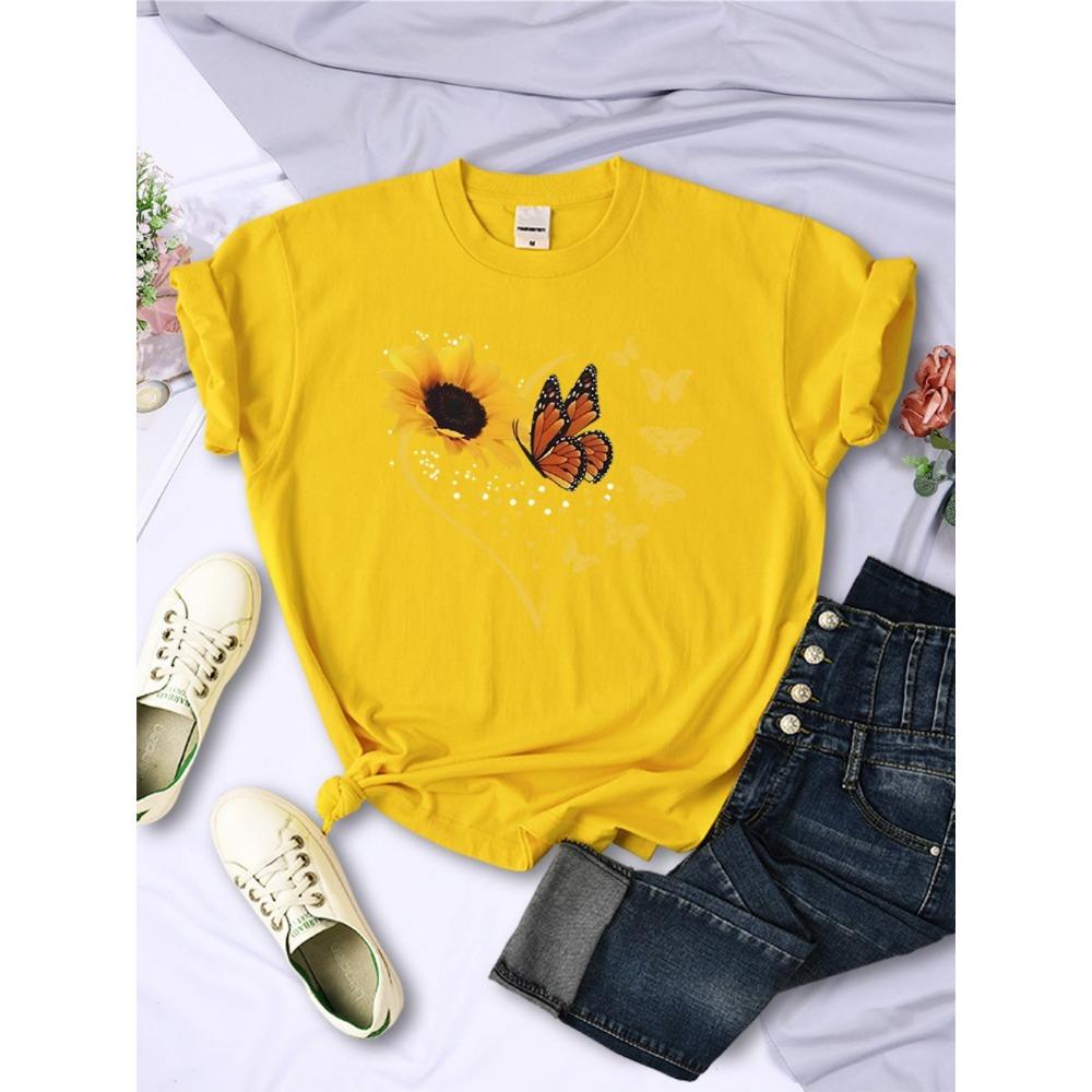 Simple Woman T-Shirts Sunflower Butterflies Heart Prints Short Sleeve Comfortable Soft O-Neck Tops Summer Casual Female Clothes
