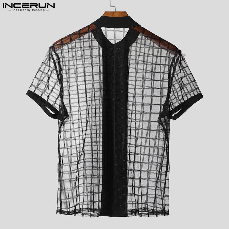 INCERUN Men Short Sleeve Plaid Mesh Sheer Stitching Tops T-shirts