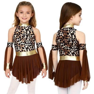 Mädchen Kostüm im prähistorischen Stil Leopardenmuster Patchwork Metallic-Glanz Stehkragen Mesh-Kleid Überärmel Höhlenmädchen-Outfit