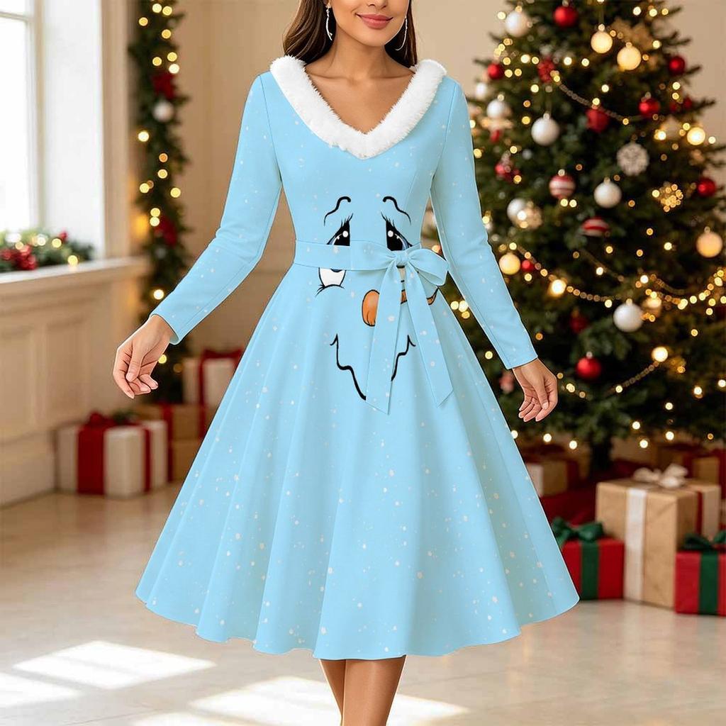 Women Christmas Print Midi Dress, Long Sleeve V‑Neck Furry Trim A‑Line Party Dress, Christmas Limited Edition