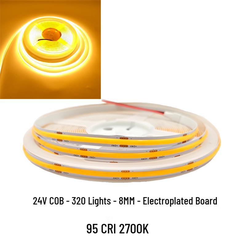 COB LED Strip Light 12V/24V, 320/480 LEDs, 8MM, 90 CRI, Self-Adhesive, Aluminum Channel.
