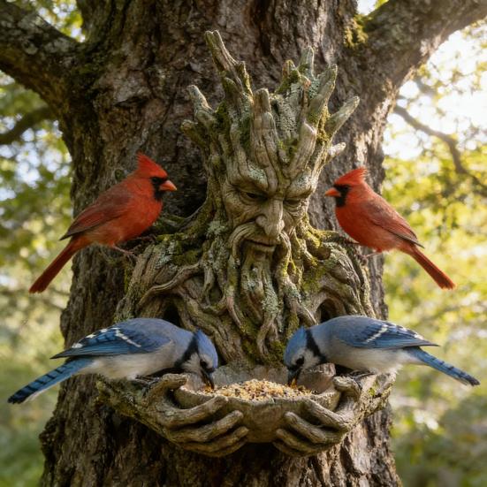 Tree Face Bird Feeder Weatherproof Resin Sculpture Decorative Birdseed Holder Outdoor Bird Feeder Mounted on Tree for Garden Backyard Art Decor