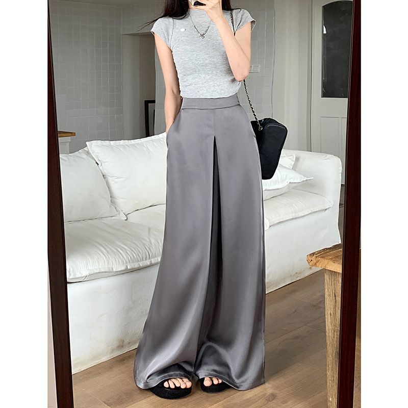 Kumikumi Fancy Satin Casual Pants Loose Pants Women's Clothing Fall Drape High Waist Straight-Leg Pants Mop Pants