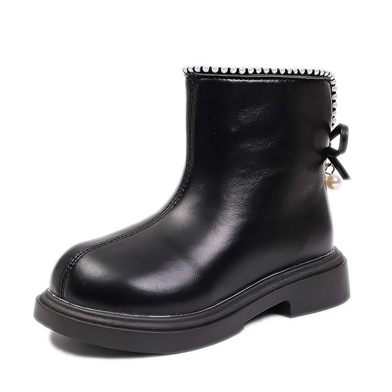 Girls' short boots, foreign princess leather boots, pearl bow children's Martin boots 2025 autumn and winter new fashion single boots