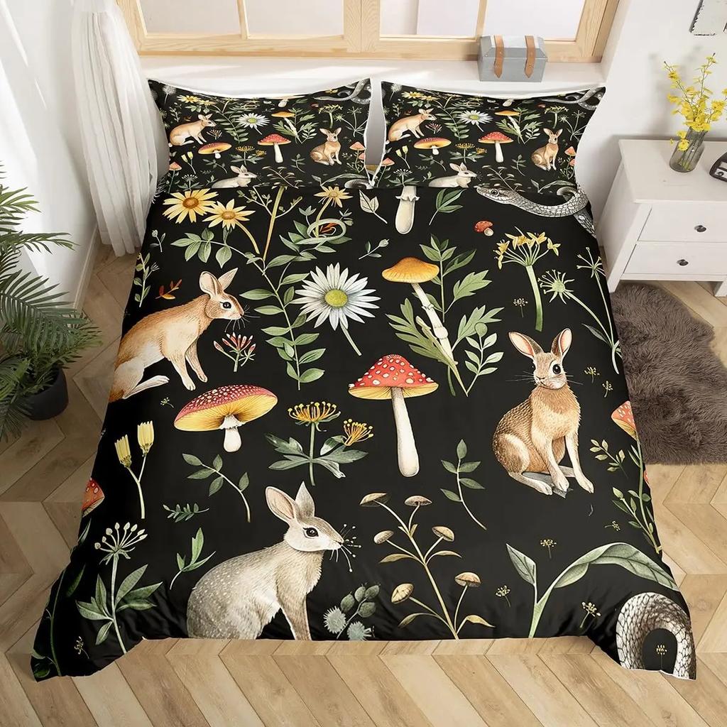 Comforter Cute Mushroom Bedding Set King Queen Size Botanical Comforter Wild Fungus Colorful Plants Leaves