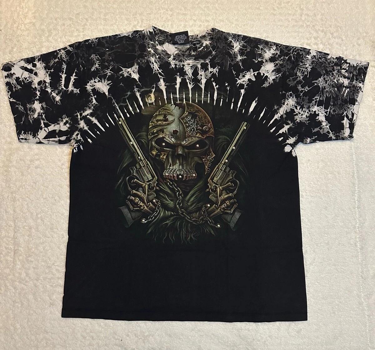 

Skull Shirtz Vtg Y2k T Shirt Men s Size 2XL Skull Revolver Tie Dye studded 2XL