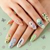 24pcs Almond Shape Green Press-On Nails - Spring/Summer Floral Butterfly Design