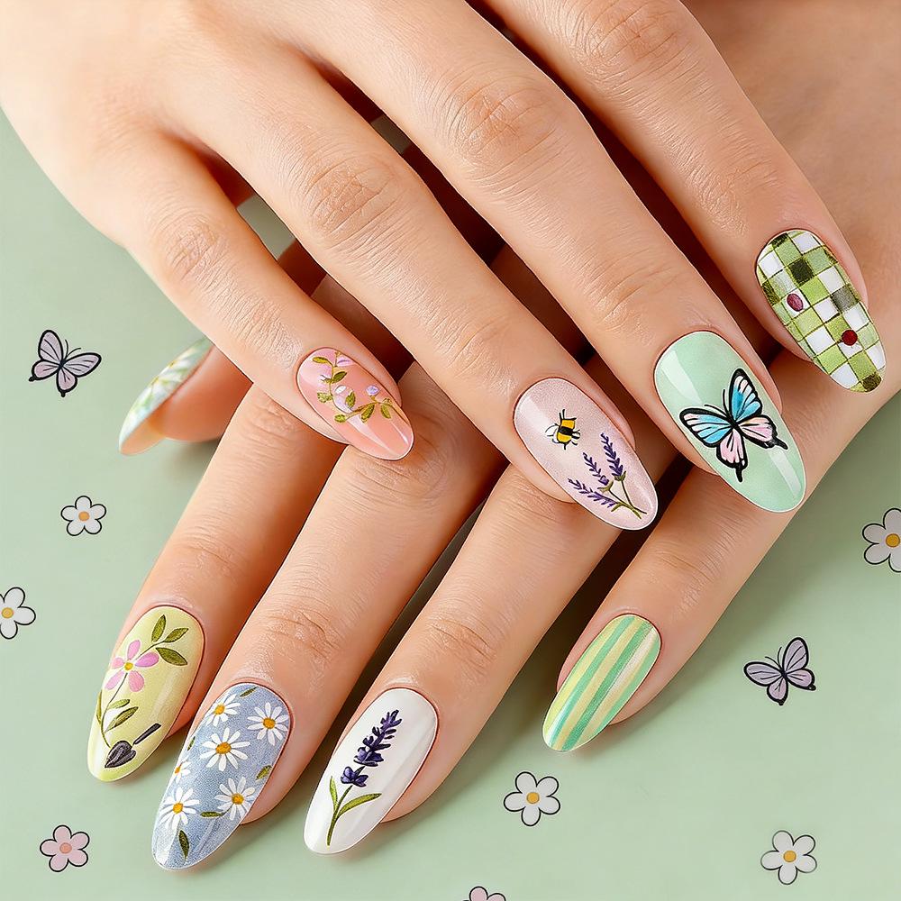 24pcs Almond Shape Green Press-On Nails - Spring/Summer Floral Butterfly Design
