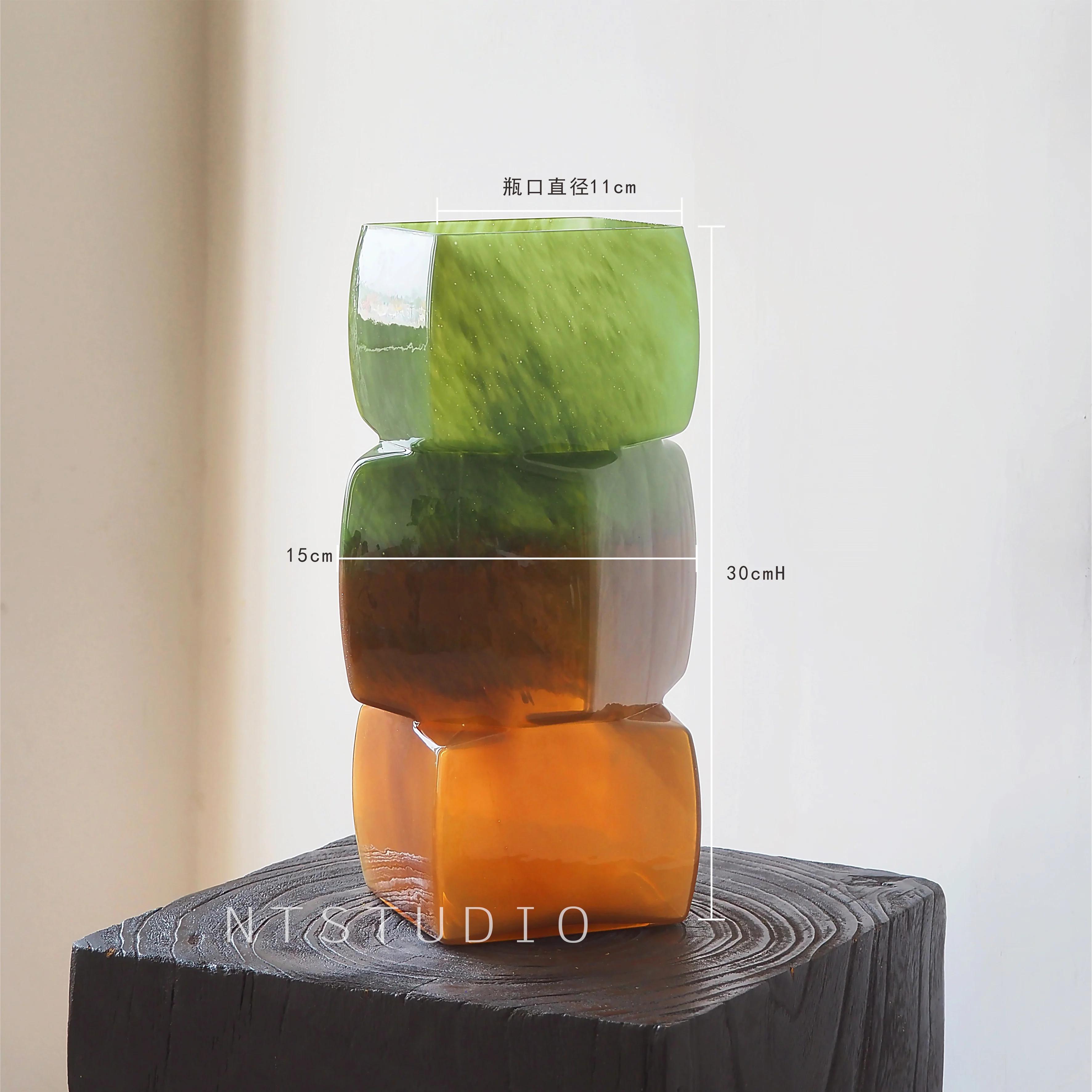 

Caramel Color Gradual Change Square New Glass Vase Advanced Atmosphere Ceramic Vase Ornament Aesthetic Living Room Decor