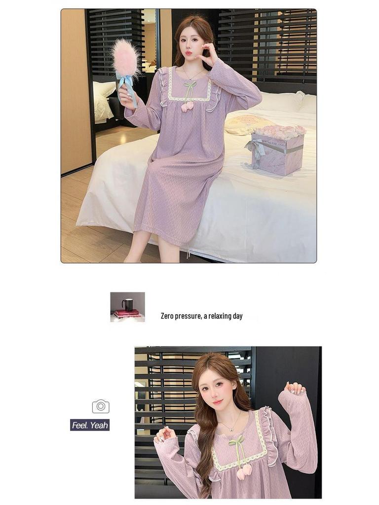 Spring & Autumn Korean Jacquard Maternity Slimming Lace Pajamas - Women's Long Sleeve Mid-Length Plus Size Sleep Dress