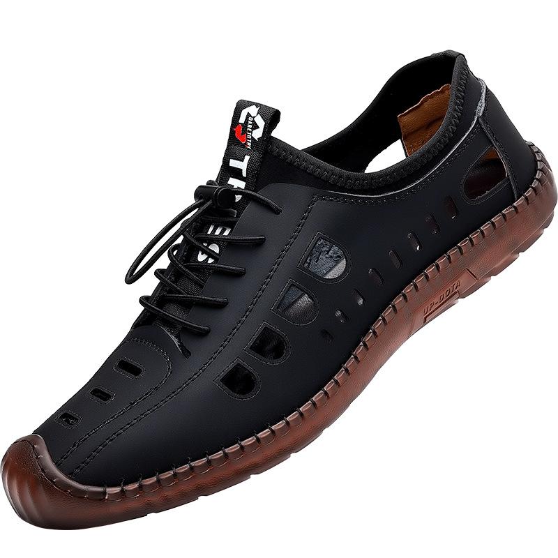 

2024 летние популярные кожаные сандалии мужские дышащие полые деловые туфли для вождения среднего возраста нескользящая подошва из говяжьих сухожилий повседневная обувь 44 чёрный