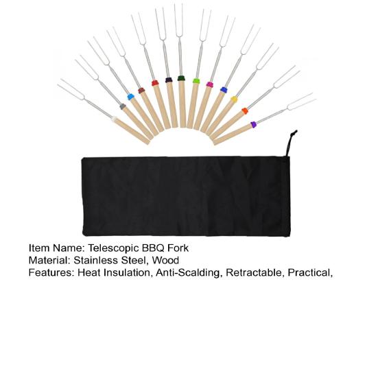 Telescopic BBQ Fork Stainless Steel U-shaped Kabob Skewers Extendable Marshmallow Hot Dog Roasting Sticks for Campfire Picnic Outdoor Cooking