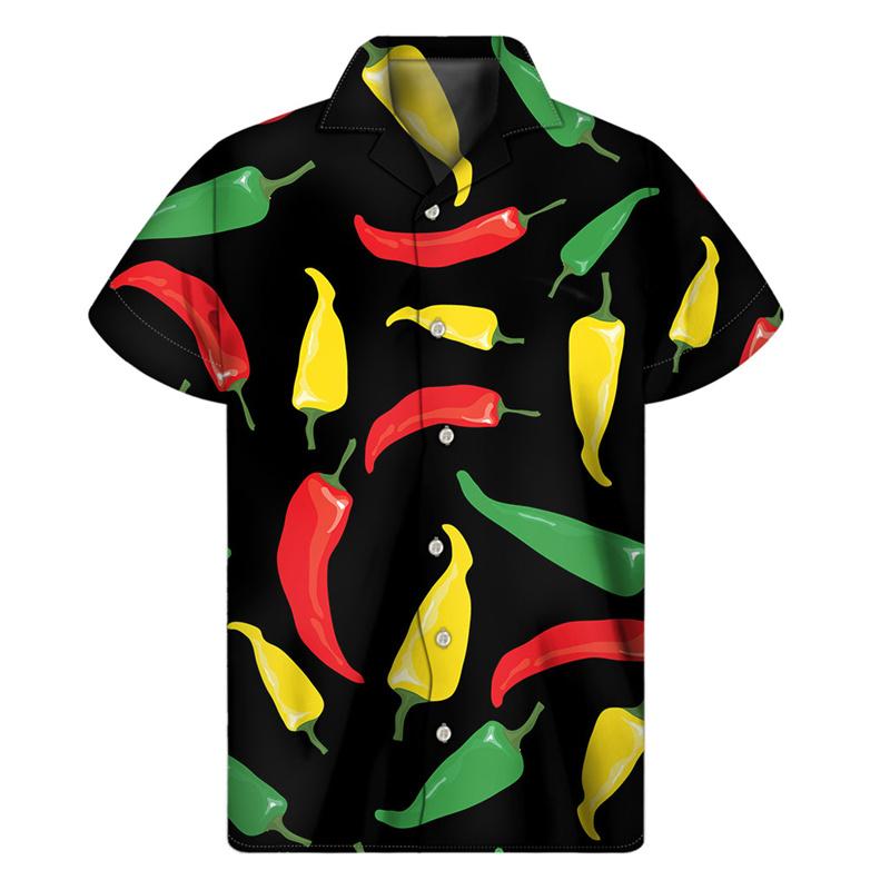 Buntes Chili-Musterhemd für Herren 3D-Druck Pfeffer Hawaiihemden Sommer Knopf Kurzarm Tops Street Revers Aloha Bluse