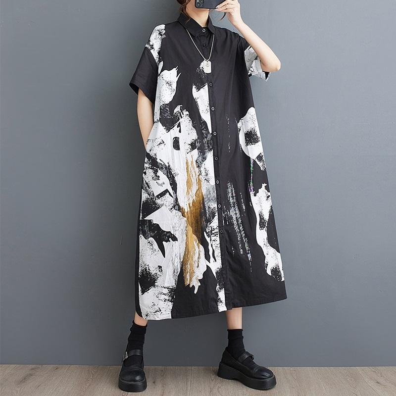 Vestidos vintage de algodón de talla grande y manga corta para mujer, vestido camisero largo holgado informal de verano