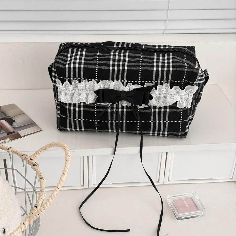 Sweet Causal Black White Checkered Makeup Bag for Schoolgirl Lace Korean Ins Style Large Cosmetic Case Cute Travel Organizer