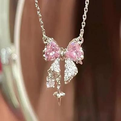 Commuting Fashion Multi Style Necklaces Versatile Sweet Butterfly Necklace Y2k Fairy Pink Crystal Bow Knot Pendant Necklaces
