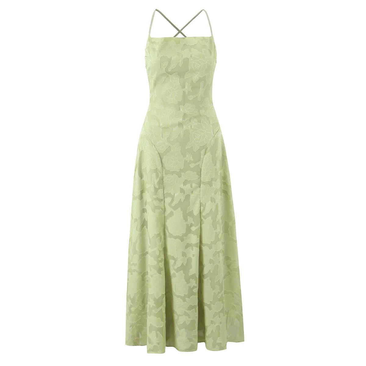French Lace Cross-Strap Backless Summer Dress - Elegant and Slimming Waist-Cinched Design Large зелёный