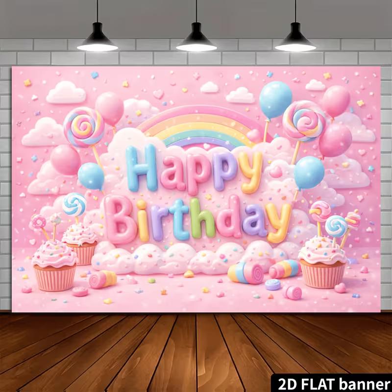 2D Flat Sweet Candy Birthday Banner Pink & Pastel Themed Backdrop with Lollipops, Candies & Balloons