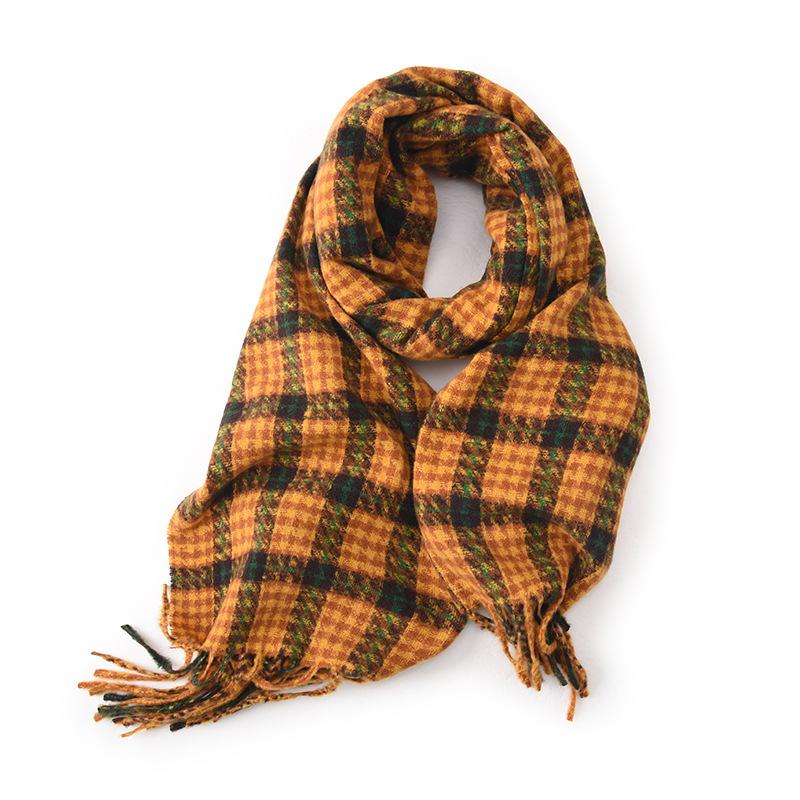 Autumn and Winter New Korean Style Plaid Scarf for Women Versatile Mid Length Shawl for Women  Imitation Cashmere Tassel Scarf