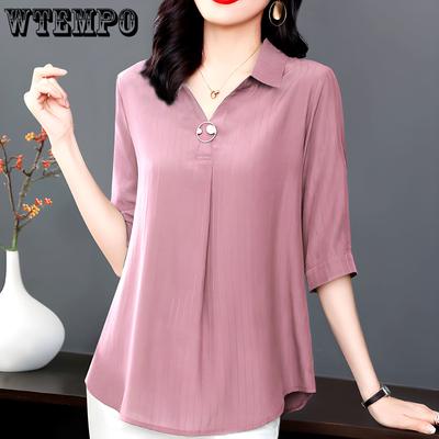 Summer Female Shirts Short Sleeve Vintage Solid Long Loose Women's Blouse Casual Lady Top M-5XL