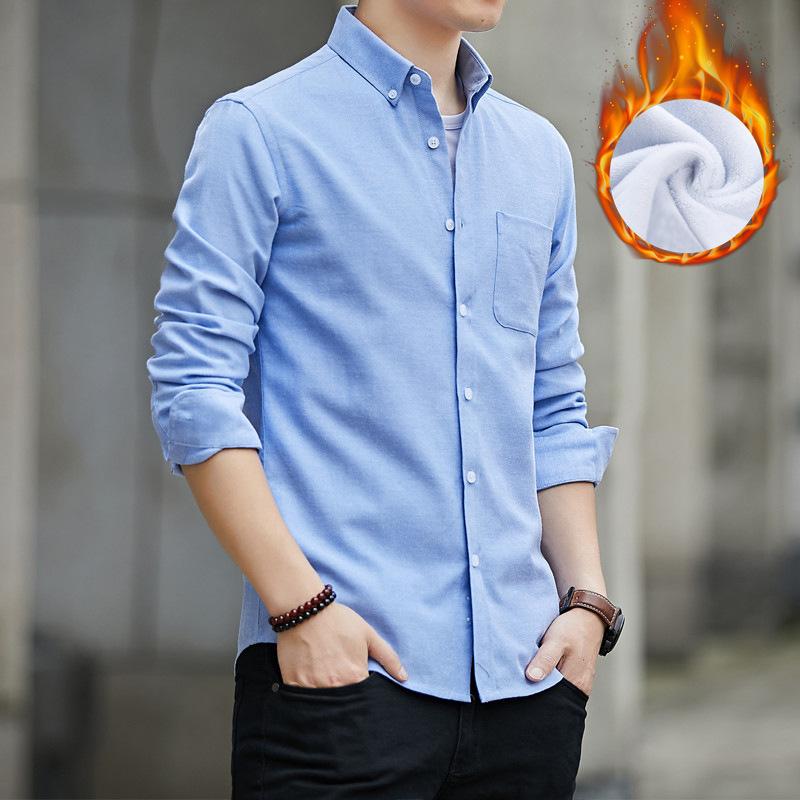 Winter Padded Thickened Warm Shirt Men Long Sleeve SlimFit Casual Business Dress Shirts Solid Color White Shirt