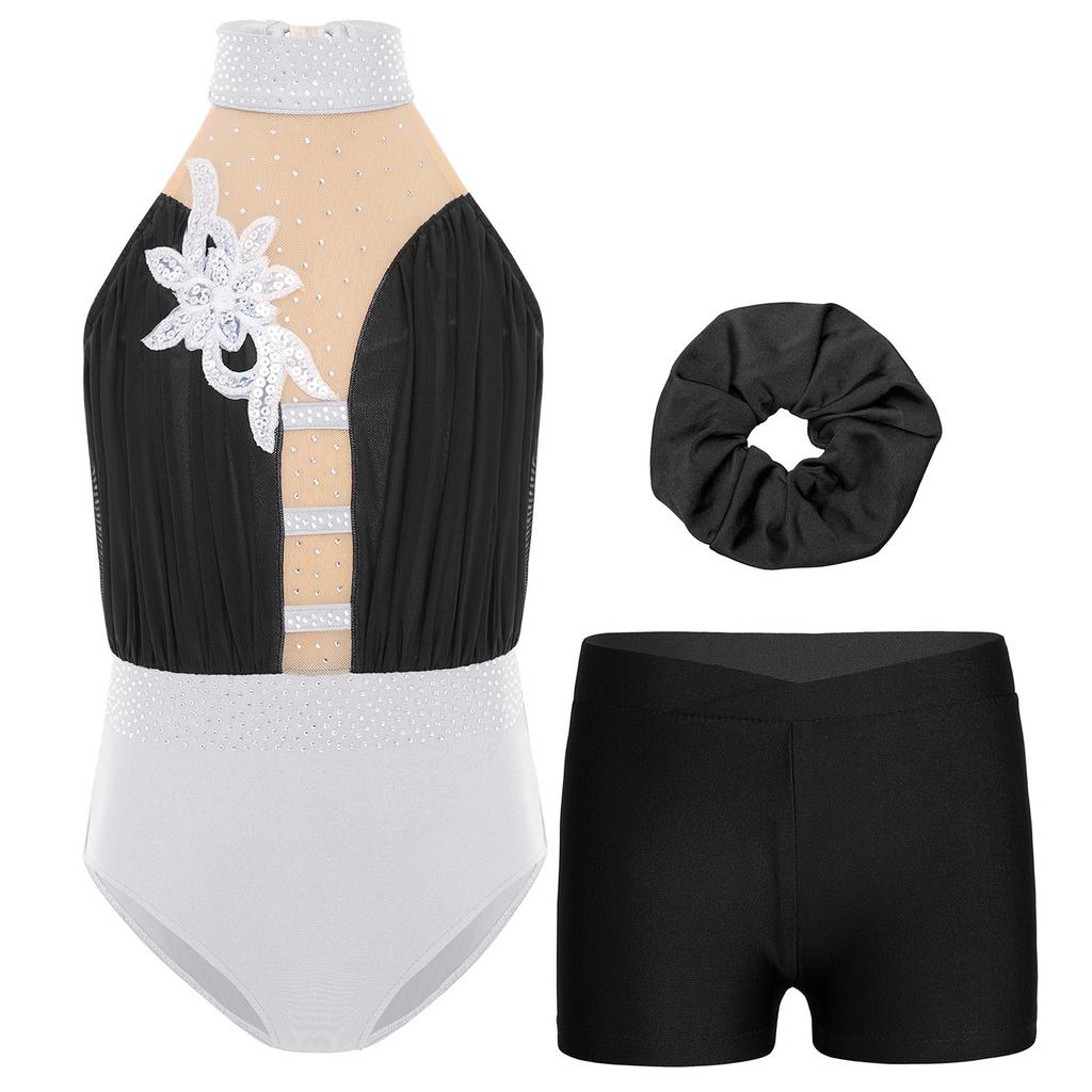 Girls Gymnastics Dance Outfit Sleeveless Keyhole Back Rhinestones Leotard V Waistband Shorts Hair Tie