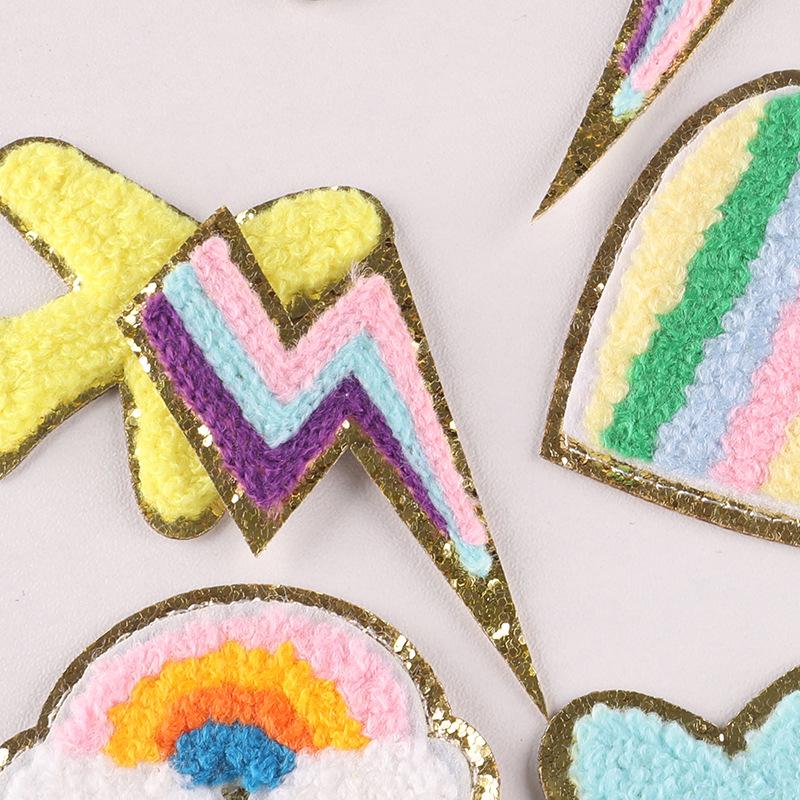 Gold Edged Chenille Towel with Love Lightning and Rainbow Embroidered Patches