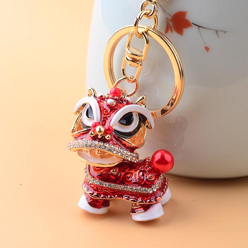 Chinese Style Lion Dance Rhinestone Metal Keychain Small Pendant Creative Backpack Keychain