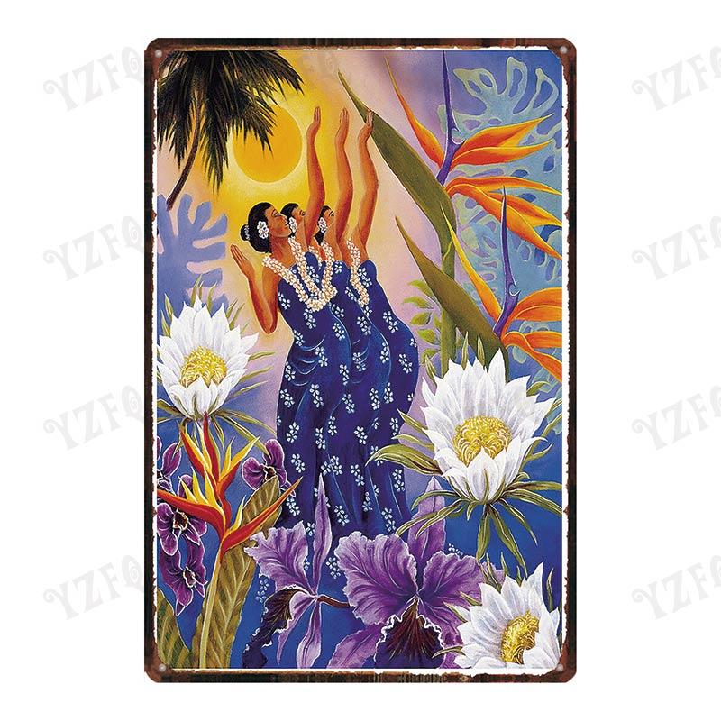 Vintage Hawaii City Painting with Hula Dancers  Metal Travel Tin Sign for Wall Decor In Pubs Cafes and Homes  Beach Metal Pla