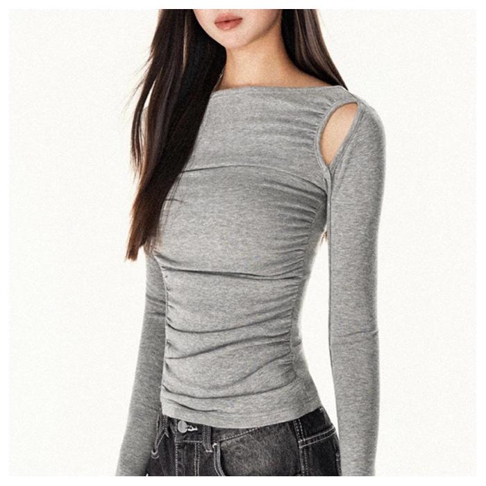 Spicy Girl Waist-Cinching Long-Sleeve Pleated T-Shirt - Slim-Fit, Figure-Flattering Design for Early Autumn