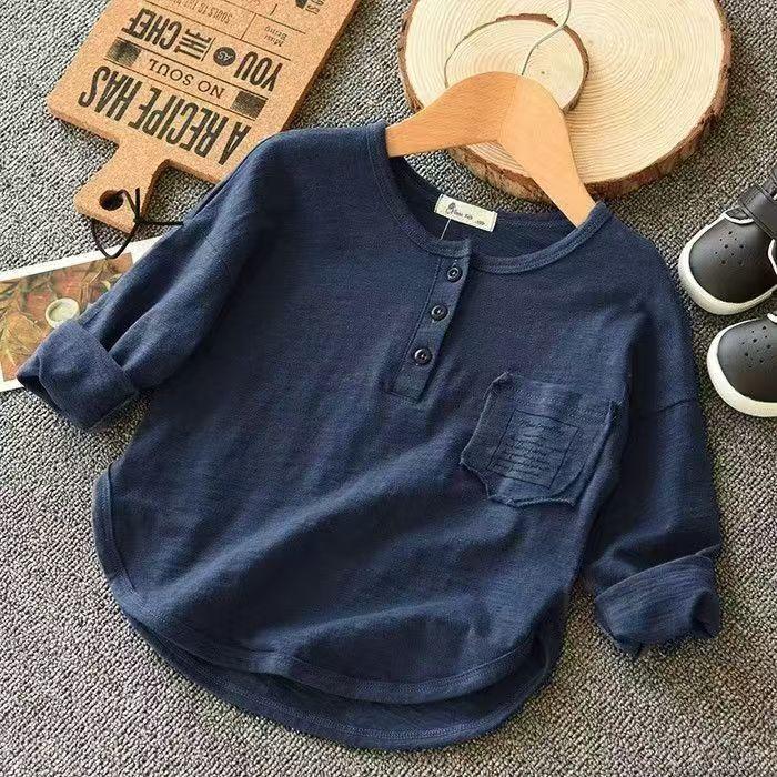 Junge Taste Baumwolle Langarm T-shirts Einfarbig Frühling Herbst Buchstaben Tasche kinder Bodenbildung Shirts 2-12 Jahre jungen Tops