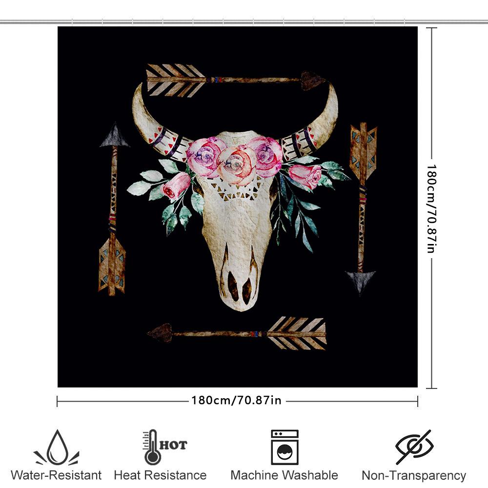 Rustic Bull Skull Shower Curtain Floral Arrow Boho Decor For Bathroom Black Waterproof Fabric Size 72X84 Inches (180*213Cm)