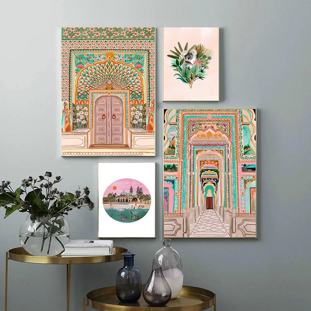Vintage Watercolor Moroccan Porch Architecture Wall Art Canvas Painting Living Room Home Decor Pictures Posters and Prints