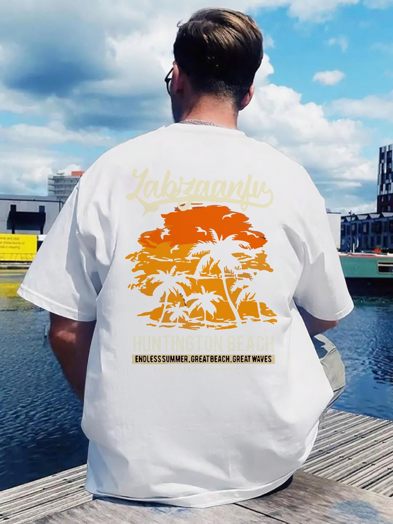 Tropical Back Print T-shirt - White & Orange Palm Tree Sunset Design - Lightweight Quick-Dry Polyester Shirt for Beach Vacation XL