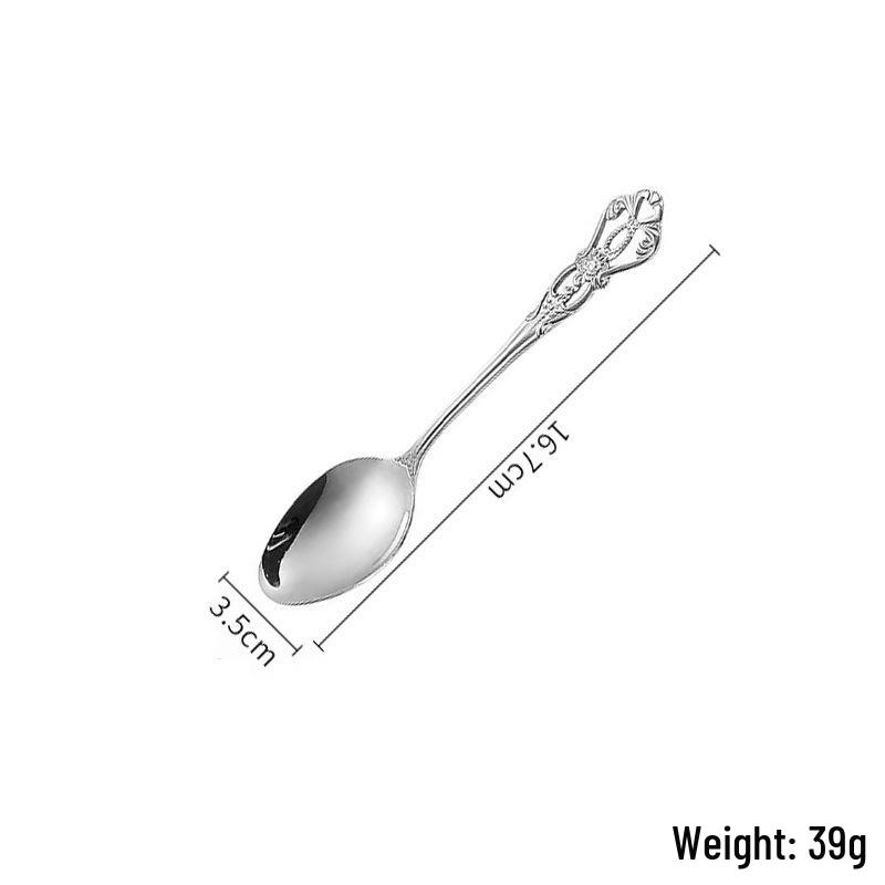 Royal Court Stainless Steel Retro Embossed Cutlery Set: Knife, Fork, Spoon, Steak Knife, Dessert Spoon.