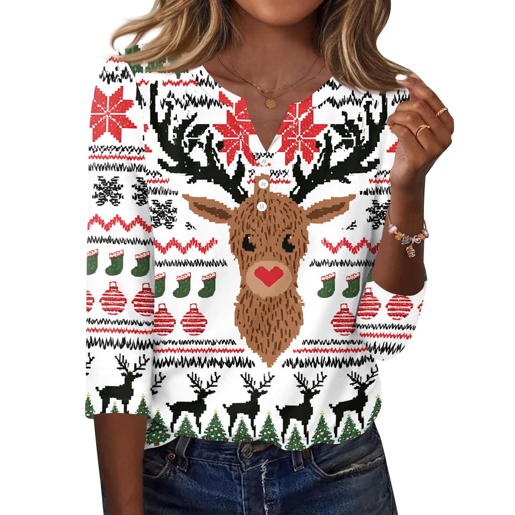 Women's Casual Christmas Print V Neck Button Up 3/4 Sleeve T Shirt Top