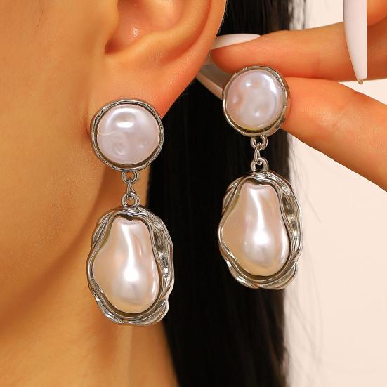 Yousheng 1 Pair Drop Earrings for Women, Irregular Baroque Imitation Pearl Design Stud Earrings, Double-Layered Pendant French Style Earrings for