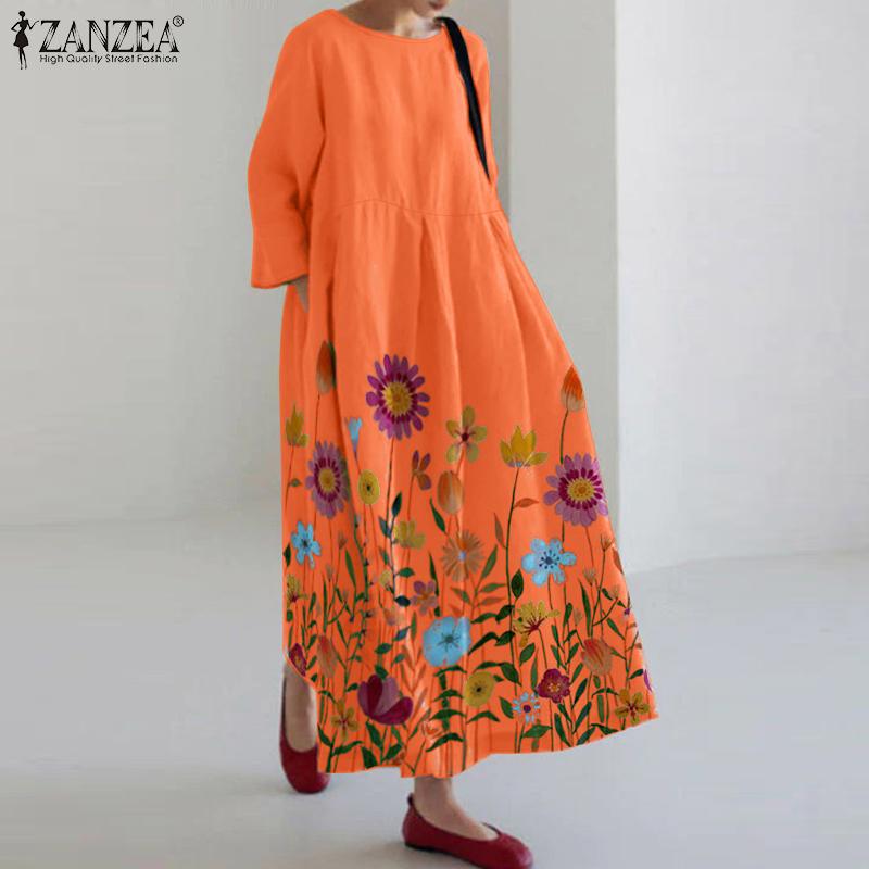 

ZANZEA Women Casual Floral Print Loose Rouns Neck 3/4 Sleeve Long Dress 5XL абрикосовий