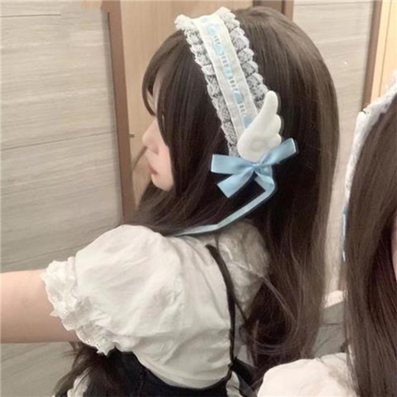 Women Hair Bands Maid Cosplay Headband Lolitas Lace Headwear with Cute Wings, Bowknot Decorations Hair Accessories