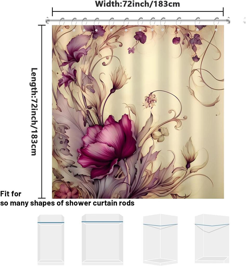 Cortina de Ducha Floral Morada Vintage Morado Oscuro Beige Flor Cortinas de Ducha Para Baño Boho Victoriano Lila Floral Baño