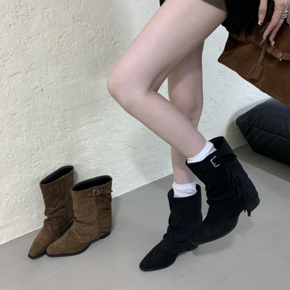 

2025 autumn and winter new round head thick heel fringed Spice Girls nightclub Martin short boots versatile belt buckle thin boots 39 хаки