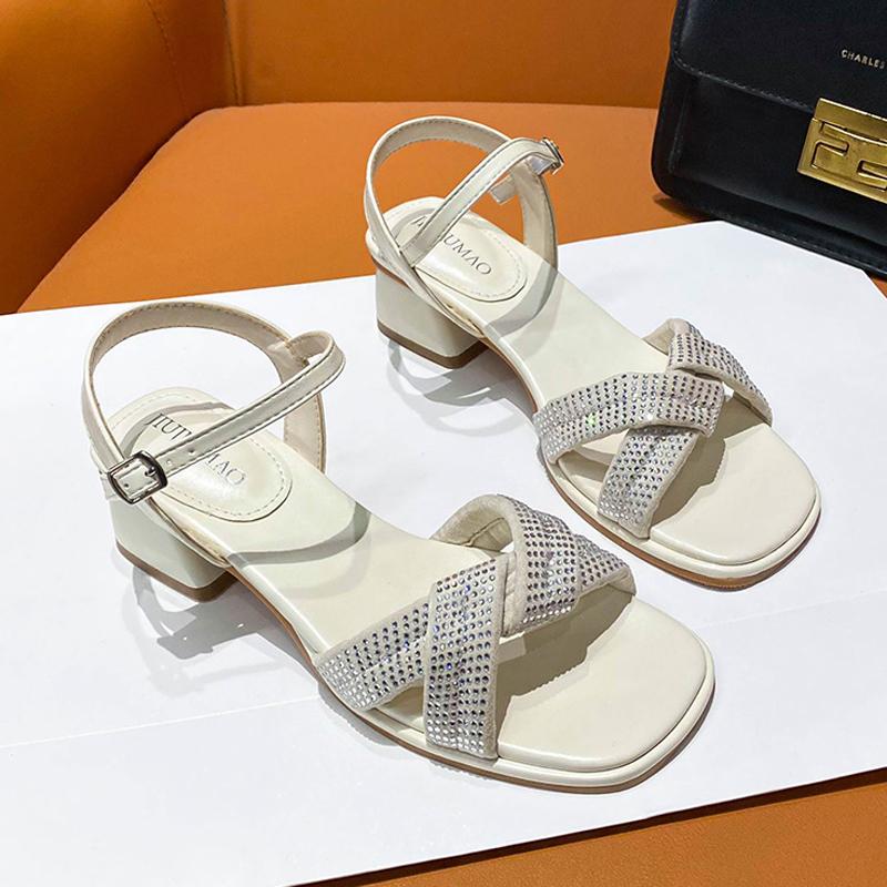 

Fashion Elegant Ladies Crystal Med-High Heels Sandals Office Dress Shoes Woman Slingback Ankle Strap Sandalias Femmes Beach Flipflops 34 бежевый