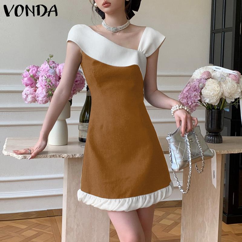 

VONDA Летнее женское асимметричное плечо без рукавов пэчворк облегающее повседневное тонкое платье 5XL коричневый