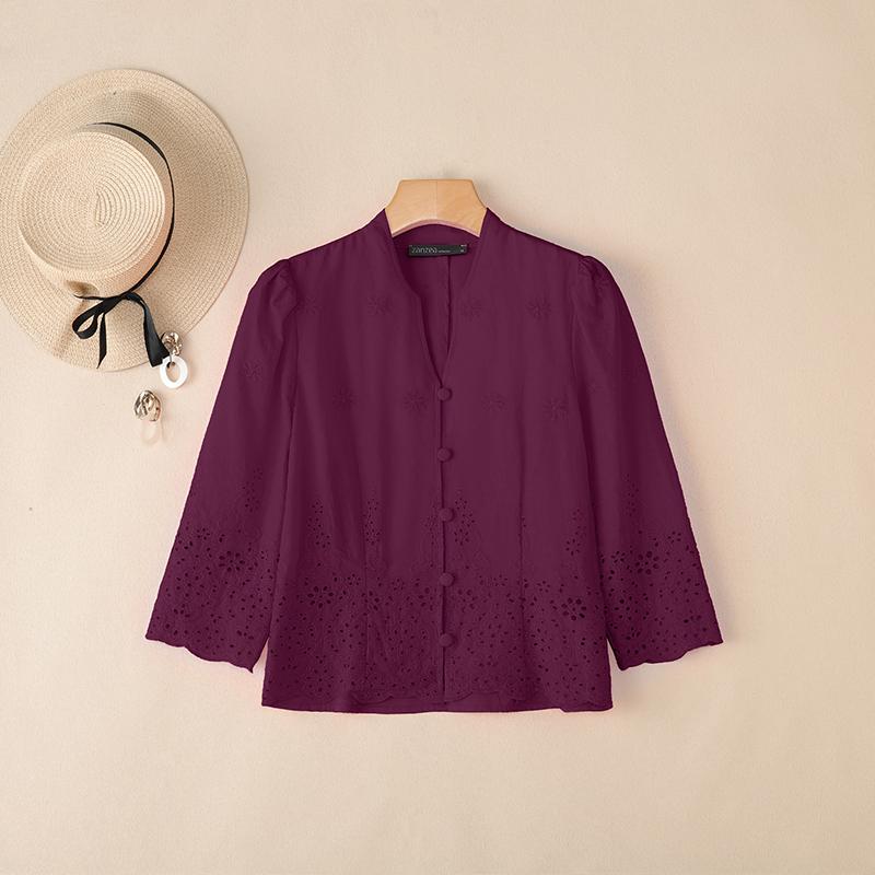 

ZANZEA Women Casual V-Neck Loose 3/4 Sleeve Patchwork Crochet Blouse 5XL кларет