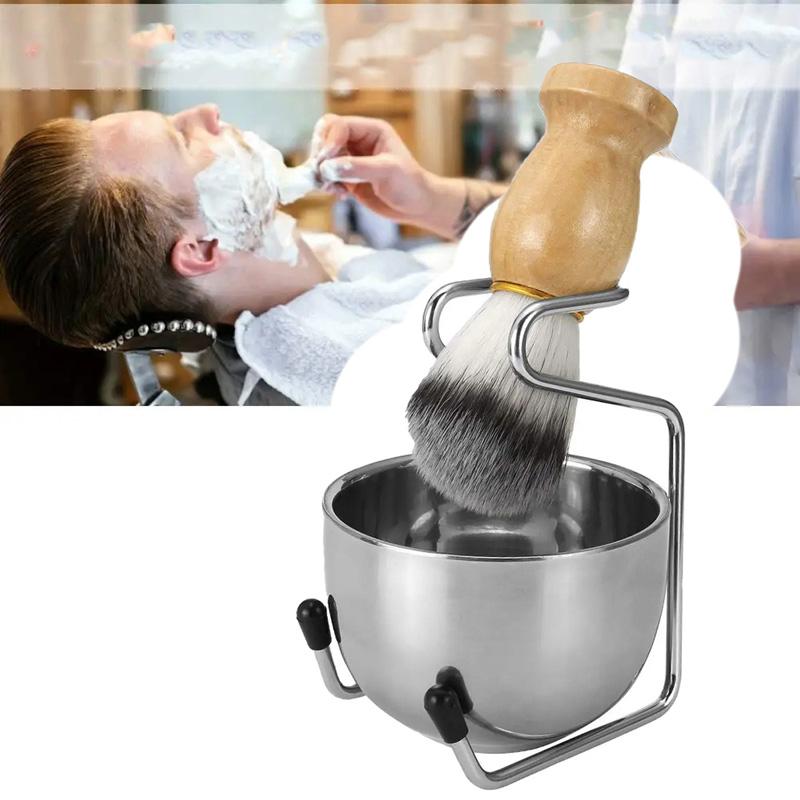 3pcs Men Shaving Brush Kit Wooden Handle Shaving Brush Stainless Steel Soap Bowl with Metal Stand Professional Face Beard Cleaning Grooming Tool Set